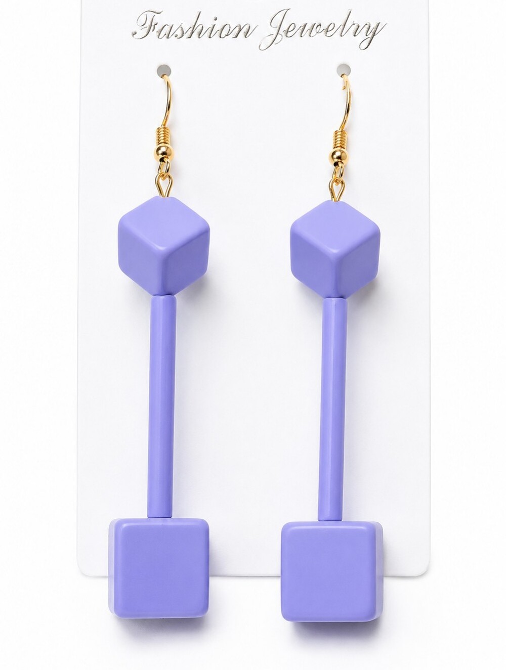 Purple Geometric Cube Drop Earrings | Gold Tone Hooks | Modern Minimalist Statem